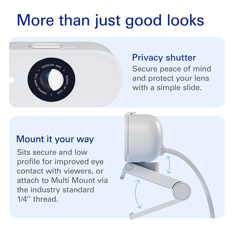 Elgato Facecam Neo 1080p60 Elgato Facecam Neo - Webcam Full HD 1080p/60fps Con Copriobiettivo Scorrevole - Per Videochiamate, Streaming E Lavoro - USB-C Plug & Play Per PC, Laptop E Mac Webcam